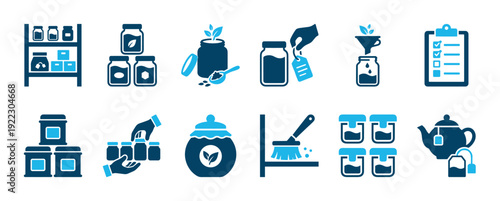 Collection of blue two-tone flat icons for tea, herbs, and pantry storage, showing minimalist symbols for jars, shelves, brewing, labeling, and organizing a kitchen