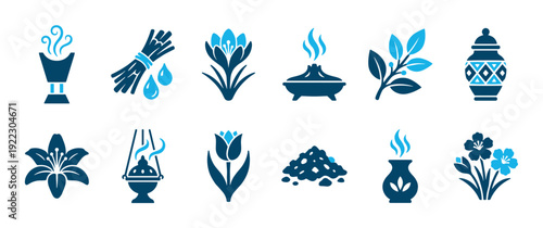 Set of blue two-tone icons representing aromatherapy, incense, perfume, and natural ingredients like flowers, resin, and essential oils in a flat vector graphic style