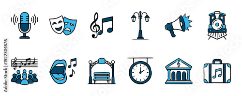 Set of blue and black line art icons representing arts, culture, and entertainment, including a microphone, theater masks, musical notes, a train, and a concert hall