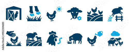 Collection of blue farm animal icons depicting chickens, sheep, and livestock in various agricultural scenes like grazing, feeding, and jumping over a fence in a flat pictogram style