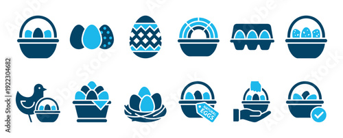 Set of blue vector icons depicting eggs in baskets, cartons, and nests for concepts of farming, poultry, and Easter celebration, featuring a chicken and a hand holding a basket