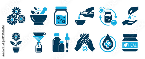 Set of blue herbal medicine icons showing the preparation of natural remedies with a mortar, pestle, dropper, flowers, and bottles for aromatherapy, homeopathy, and skincare
