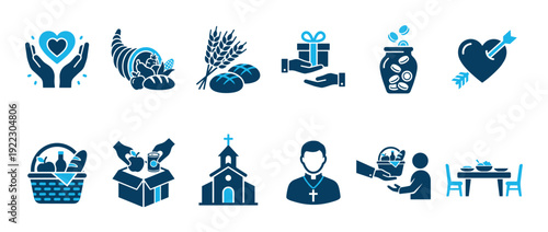 Collection of blue charity and donation icons representing giving, community support, faith, and religious themes like a church, food drive, harvest, and love symbols