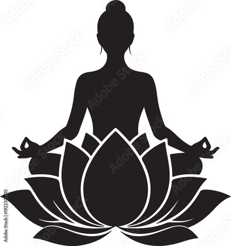 Yoga Woman Silhouette in Lotus Pose Sitting on a Blooming Flower