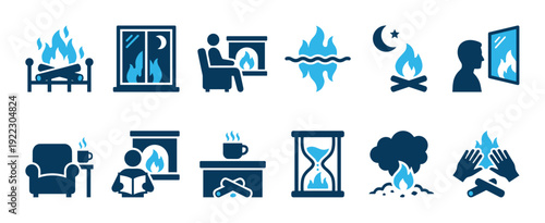 Collection of blue fire and warmth icons depicting cozy home scenes, fireplaces, campfires, and abstract concepts like time and reflection in a minimalist flat graphic style
