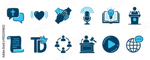 Set of blue hand-drawn icons representing communication, law, faith, and community, including symbols for justice, knowledge, podcasting, and global networking