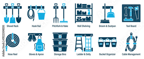 Set of garage organization icons showing tools and storage solutions like shovels, rakes, shelving, bins, and a tool board in a clean, two-color flat vector illustration style