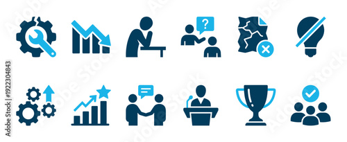 Set of twelve blue business icons representing corporate concepts like success, failure, teamwork, and strategy, with flat vector symbols for growth, presentation, and negotiation