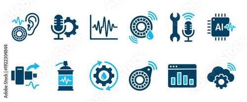 Vibration and acoustic analysis icon set for predictive maintenance, condition monitoring, industrial diagnostics, and smart factory IoT applications