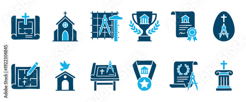 Architectural and religious icon set in blue featuring church blueprints, drafting tools, educational awards, diplomas, trophies, and medals in a flat pictogram design