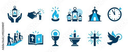 Christian religious icon set with various symbols of faith including a church, bible, cross, chalice, dove, and lantern in a flat two-color vector illustration style