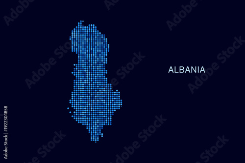 Albania Map - Blue Dotted Halftone Vector Illustration on Dark Navy Background, Abstract Circle Grid Silhouette Design for Infographic and Modern Presentation Use.