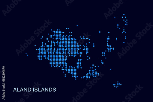 Aland Islands Map - Blue Dotted Halftone Vector Illustration on Dark Navy Background, Abstract Circle Grid Silhouette Design for Infographic and Modern Presentation Use.