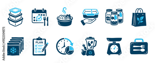 Meal prep and healthy eating icon set with various glyphs for planning, cooking, storage, and portion control, illustrated in a simple two-tone blue color scheme