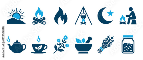 Collection of blue camping and herbalism icons featuring a campfire, teapot, mortar, pestle, sun, moon, and various natural elements for outdoor and wellness concepts