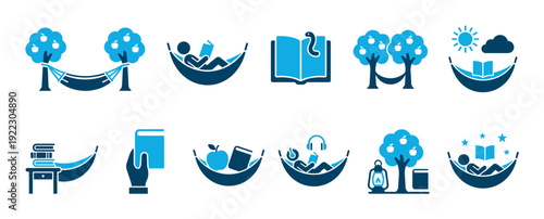Collection of minimalist two-color icons depicting the joy of reading outdoors, featuring symbols like a hammock, book, apple tree, lantern, and a relaxing person