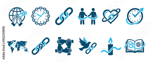 Collection of blue spiritual icons representing unity, faith, and global connection, including symbols like praying hands, a globe, a chain, a dove, and a candle in a graphic style