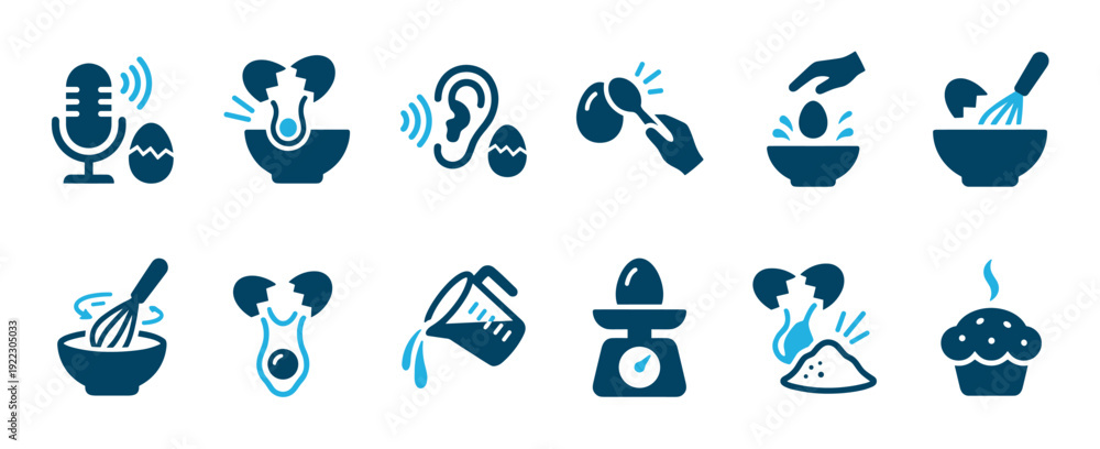 Fototapeta premium Twelve blue baking and cooking icons illustrate various kitchen processes, from cracking eggs and measuring ingredients to mixing batter and baking a delicious cupcake
