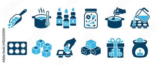 Wax melt and candle making icon set showing the DIY crafting process with essential oils, botanicals, and pouring into molds for home fragrance and aromatherapy in a flat vector style