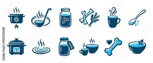 Collection of bone broth related icons illustrating cooking, health, and wellness rituals, presented in a clean, modern two-tone vector art style