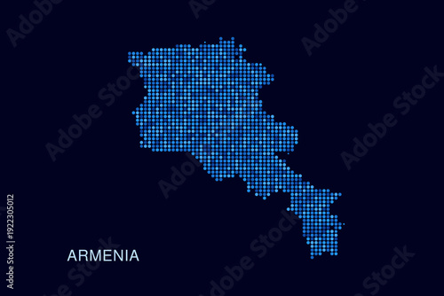 Armenia Map - Blue Dotted Halftone Vector Illustration on Dark Navy Background, Abstract Circle Grid Silhouette Design for Infographic and Modern Presentation Use.