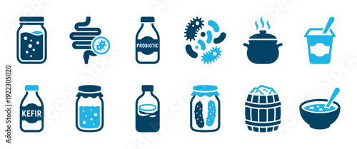 Comprehensive set of blue icons depicting various fermented foods and probiotics, including kefir, yogurt, pickles, and gut bacteria, presented in a clean, modern style