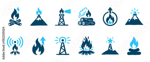 Collection of blue hand-drawn fire and signal icons, depicting various energy, warning, and communication symbols in a rustic, distressed style