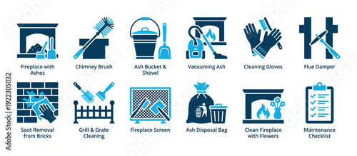 Comprehensive set of fireplace cleaning and maintenance icons illustrates various tasks like ash removal, chimney brushing, and flue damper adjustment in a clear, modern graphic style
