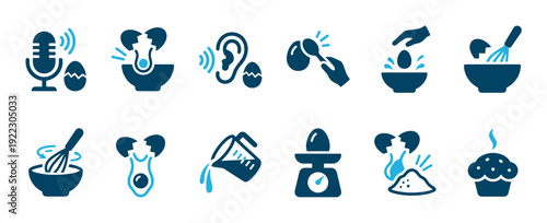 Twelve blue baking and cooking icons illustrate various kitchen processes, from cracking eggs and measuring ingredients to mixing batter and baking a delicious cupcake