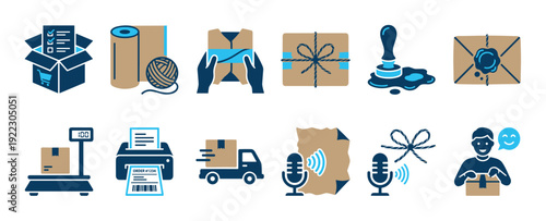 This collection of blue and brown shipping icons illustrates various stages of e-commerce, packaging, and delivery processes, presented in a clean, modern, and illustrative style