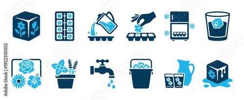 This collection of blue flower ice cube icons illustrates the process of creating and using decorative floral ice for beverages and entertaining, presented in a clean, graphic style