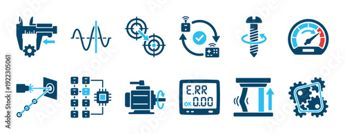 Comprehensive collection of engineering and technology icons, featuring precise measurement tools, digital data transfer, mechanical components, and industrial process symbols in a modern flat design