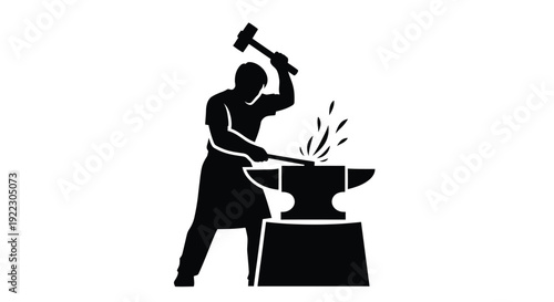Blacksmith working at a forge striking hot metal with a hammer silhouette