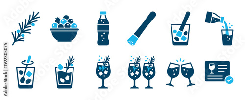 Collection of blue cocktail preparation icons depicts the entire process from fresh ingredients to finished drinks, featuring muddling, pouring, stirring, and toasting with blueberries and rosemary