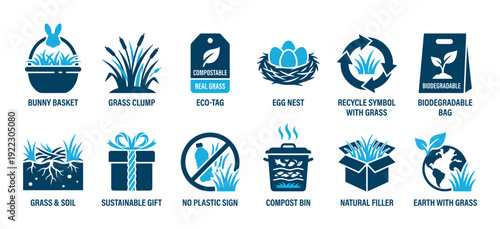 Collection of eco-friendly grass-themed icons depicting sustainability, recycling, composting, and natural elements, rendered in a clean, modern two-tone blue graphic style