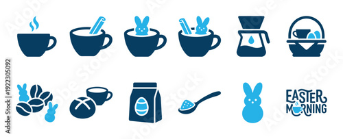 Collection of blue Easter and coffee icons featuring cups, bunnies, eggs, coffee beans, and breakfast items in a cheerful, minimalist flat graphic design style