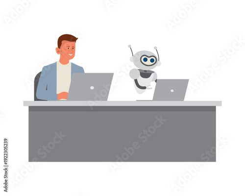 AI robot and people sitting at the office desk and working with computers