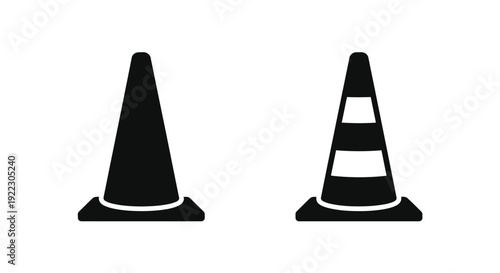 Two traffic cones one striped presented as a bold silhouette