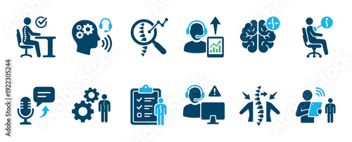 Set of blue and dark blue icons illustrating office ergonomics, correct sitting posture, spine health, customer service, and modern workplace communication technology