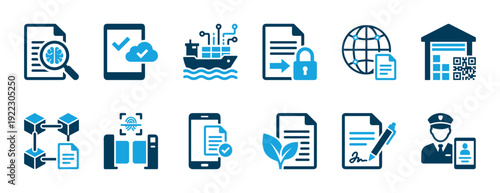 Collection of twelve blue vector icons illustrating concepts of smart logistics, global trade, digital documentation, blockchain, and biometric security for business technology