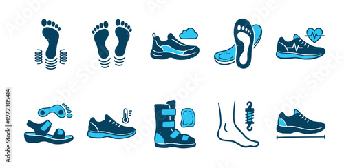 Collection of blue orthopedic and podiatry icons showing foot care, comfortable shoes, insoles, and medical treatments for leg injuries in a simple doodle line art illustration style