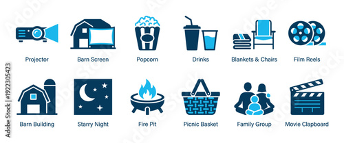 Collection of blue glyph icons representing an outdoor movie night, including a projector, popcorn, barn screen, fire pit, film reel, and other backyard cinema symbols