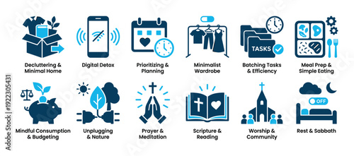 Collection of simple living icons representing minimalism, digital detox, planning, meal prep, budgeting, prayer, and Christian faith for a balanced intentional lifestyle