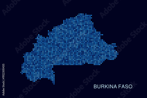 Burkina Faso Map - Blue Dotted Halftone Vector Illustration on Dark Navy Background, Abstract Circle Grid Silhouette Design for Infographic and Modern Presentation Use.