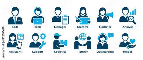 Set of blue business role icons representing various corporate positions and functions like CEO, manager, and analyst, designed in a simple flat vector style for presentations