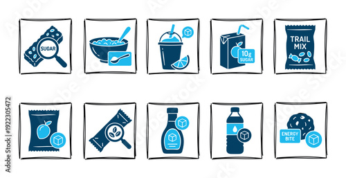 Collection of blue food and drink icons in hand-drawn frames illustrates the concept of hidden sugar content in common processed snacks, beverages, and grocery items for nutrition awareness