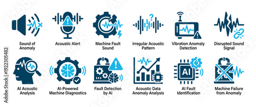 Blue vector icon set illustrating concepts of acoustic anomaly detection, AI-powered machine diagnostics, sound analysis, and predictive maintenance for industrial equipment failure
