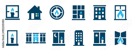 Set of blue vector icons representing home heating, energy, and candlelight vigils with symbols of houses, windows, flames, and candles in a simple flat minimalist design