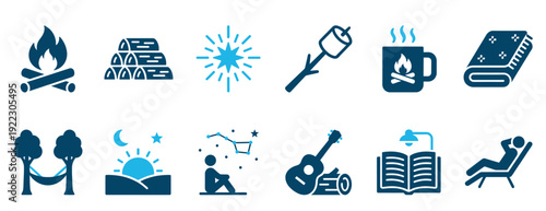 Set of blue camping and outdoor recreation icons representing a cozy evening in nature with a campfire, marshmallow, hammock, guitar, stargazing, and reading a book