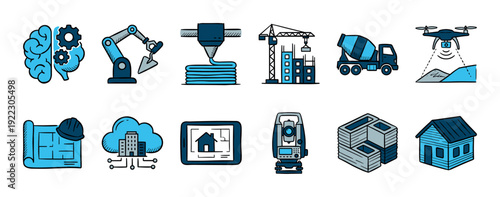 Set of construction technology icons in a hand-drawn doodle style illustrating modern building concepts like automation, 3D printing, drone surveying, and smart architecture
